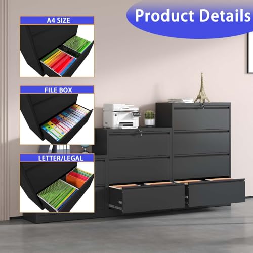 4 Drawer Metal Lateral File Cabinet with Lock Office Home Steel Vertical File Cabinet for A4 Legal/Letter Size Black