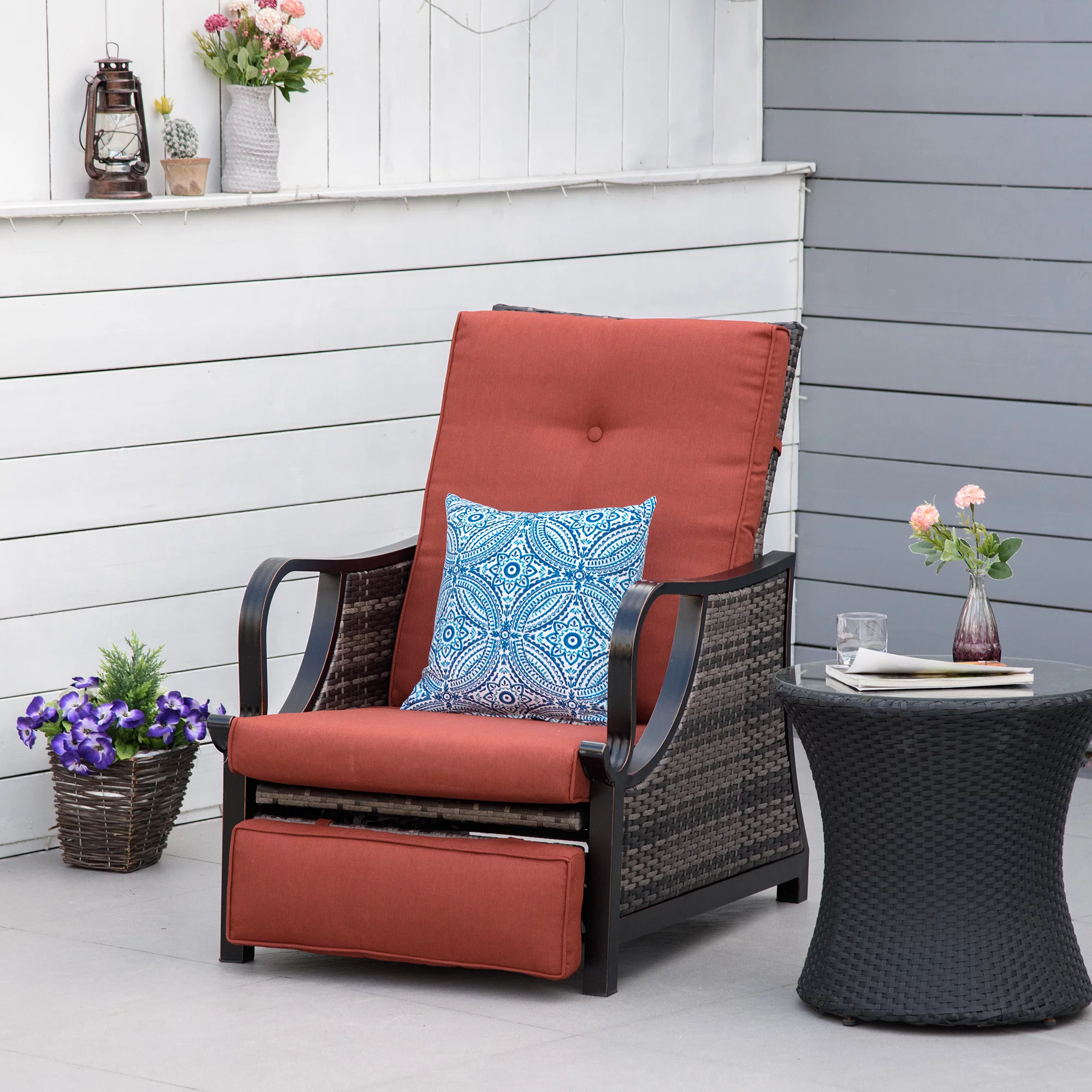 Outsunny Outdoor Recliner Chair, PE Wicker Furniture, Red
