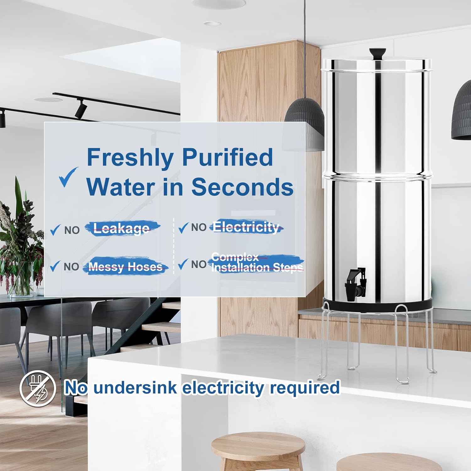 Purewell Gravity-Fed Water Filter, High Capacity 2.9 Gallon with 2 Purification Elements and Stainless Steel Stand for Home