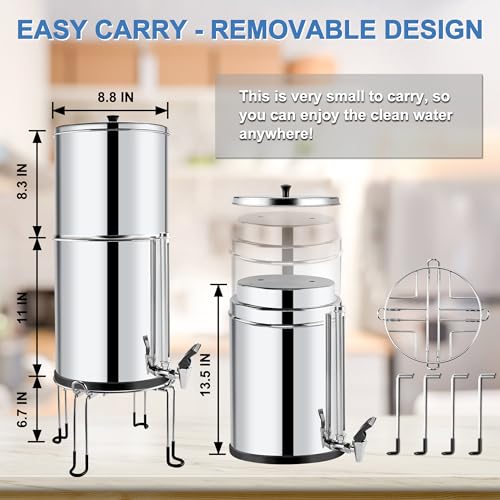 Gravity-fed Water Filter System 2.25 Gallon by Fetechmate, 304 Stainless Steel Ultra-Filtration Gravity Water Filter System Bundle with Water Filter, Metal Water View Spigot and Countertop Stand