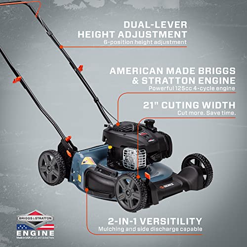 SENIX LSPG-M7 21-Inch Gas Push Lawn Mower with 140 cc 4-Cycle Briggs & Stratton Engine, Bagging, Mulching, and Side Discharge, 6-Position Dual Lever Height Adjustment