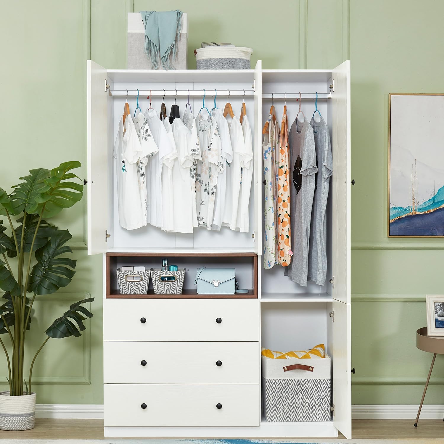 Wooden White 3-Door Armoire Wardrobe Closet with Hanging Rod Bedroom Armoires Wardrobe Closet Large Capacity Wardrobe Cabinet 47.3" W x 20.3" D x 74.2" H