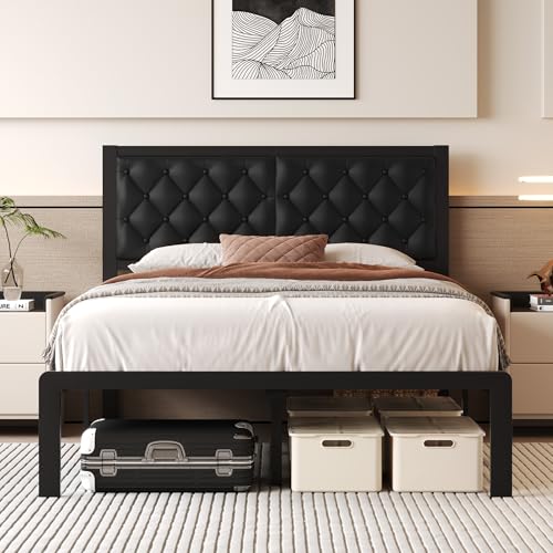 Queen Bed Frame with Headboard PU Leather Upholstered Bed Frame Platform,All Metal Slats Support Platform Bed Frame with Storage Space,Easy Assembly,Noise Free,No Box Spring Needed,Black