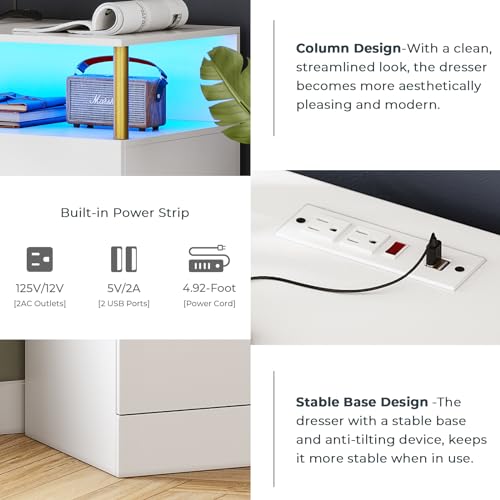 AOGLLATI White Dresser for Bedroom with Charging Station, Dressers & Chests of Drawers with Column Design, 4 Drawer Modern Bedroom Led Wide Wood Dresser for Bedroom
