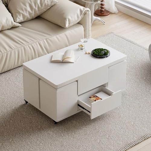 homary White Lift Top Coffee Table with Hidden Storage, 3 in 1 Multi-Function Modern Folding Center Table with 4 Stools and Casters