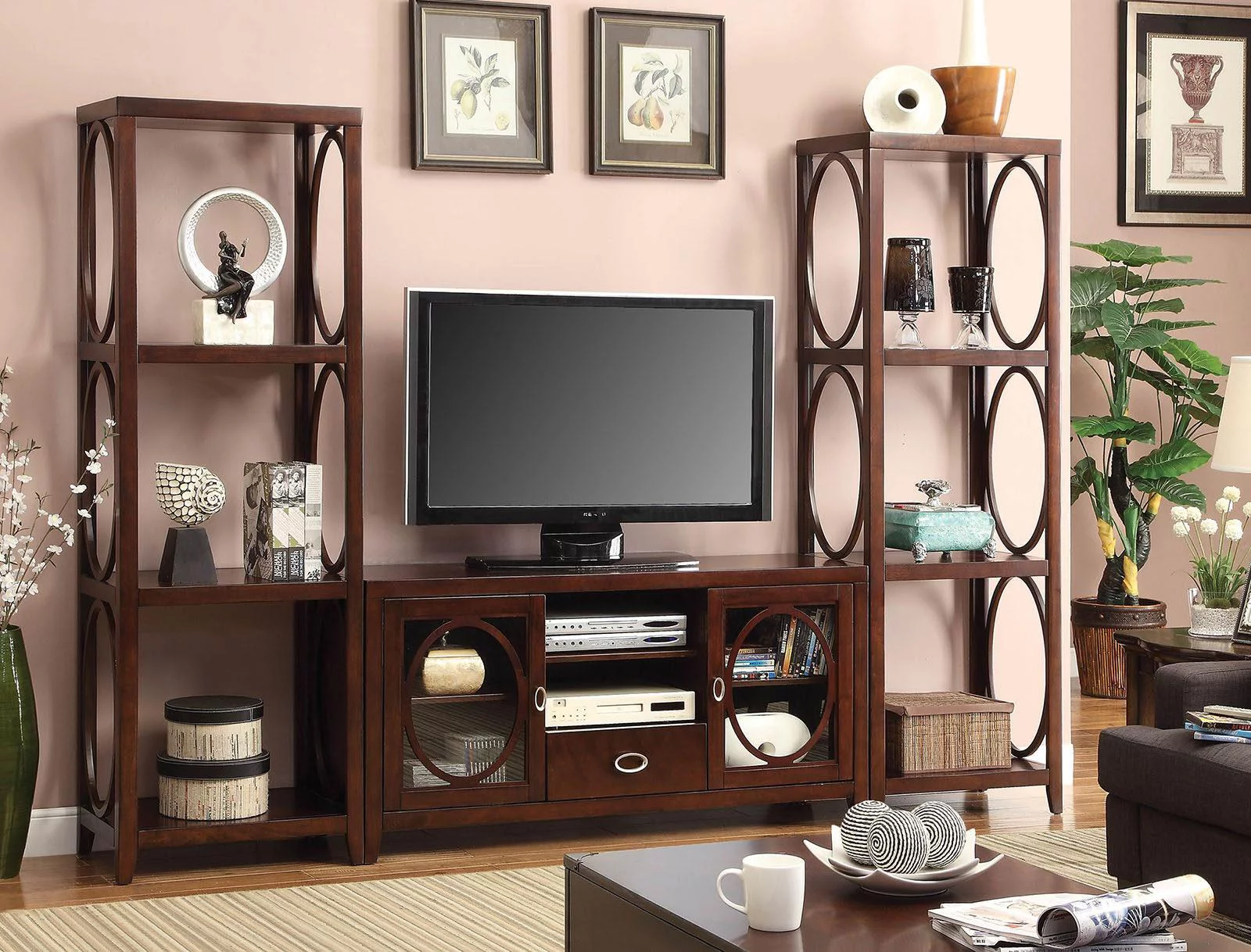 Transitional Cherry Solid Wood TV Stand Set 3pcs Furniture of America Melville
