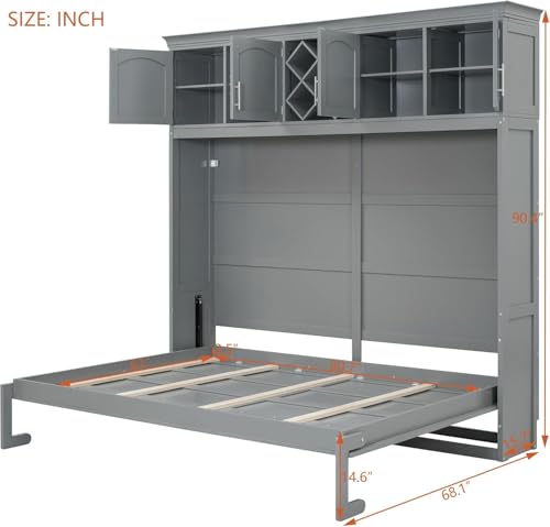MERITLINE Queen Horizontal Murphy Bed Cabinet with Storage Bookcase Shelves and Charging Station,Wood Folding Grey Murphy Wall Bed for Adult