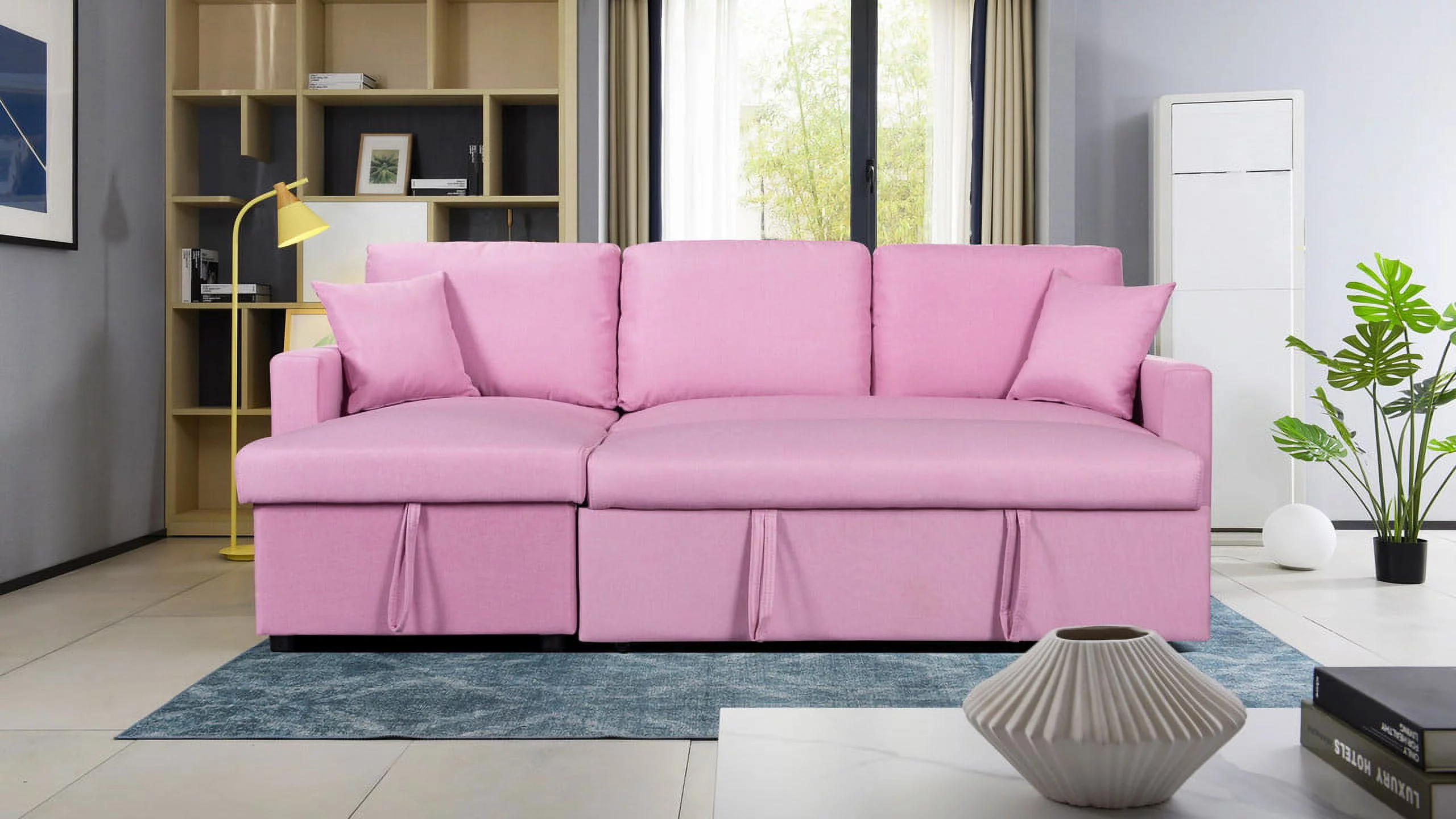CoSoTower Pink Linen Fabric Reversible Sleeper Sectional Sofa with Storage Chaise