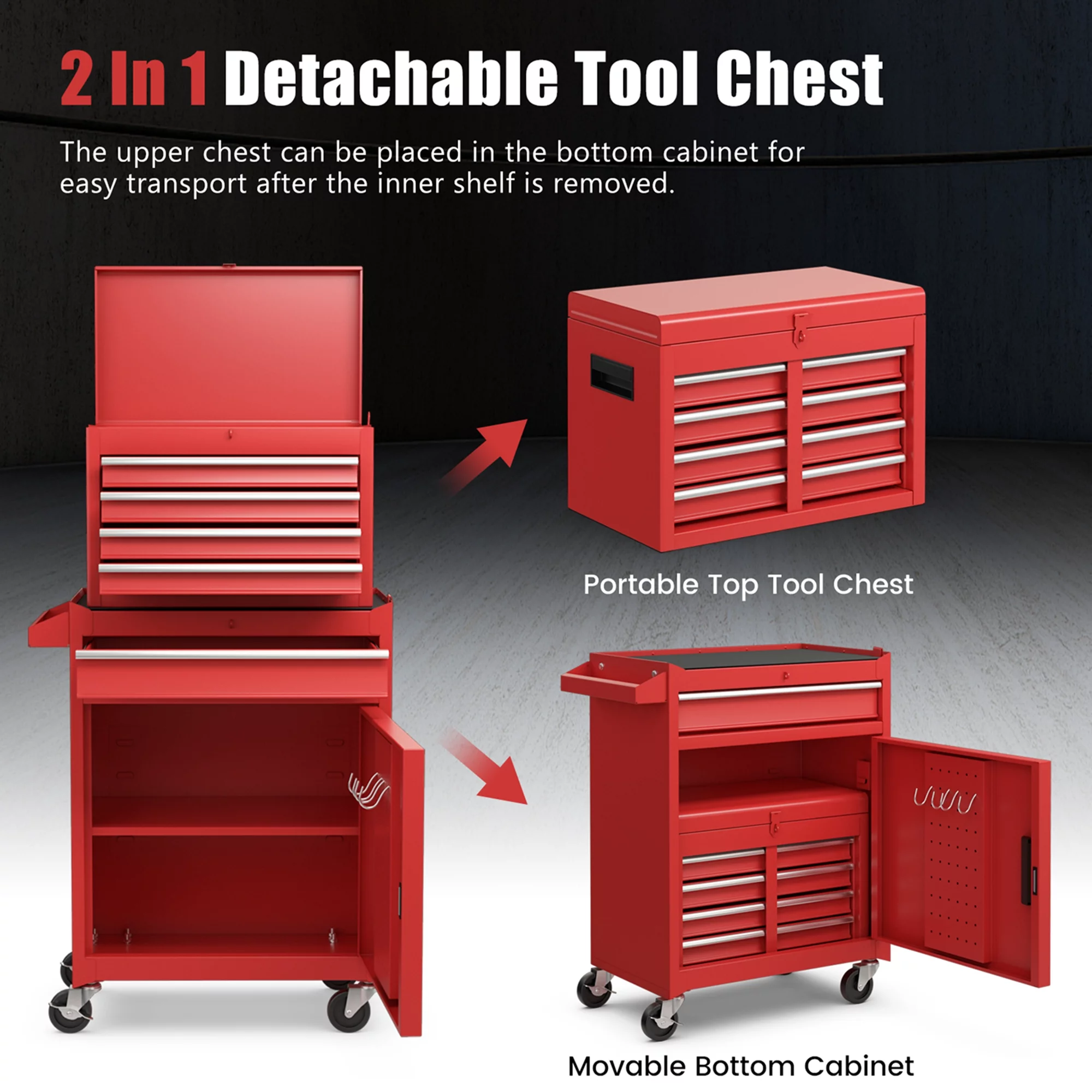 Costway 5-Drawer Rolling Tool Chest Cabinet Metal Tool Storage Box Lockable with Wheels Red