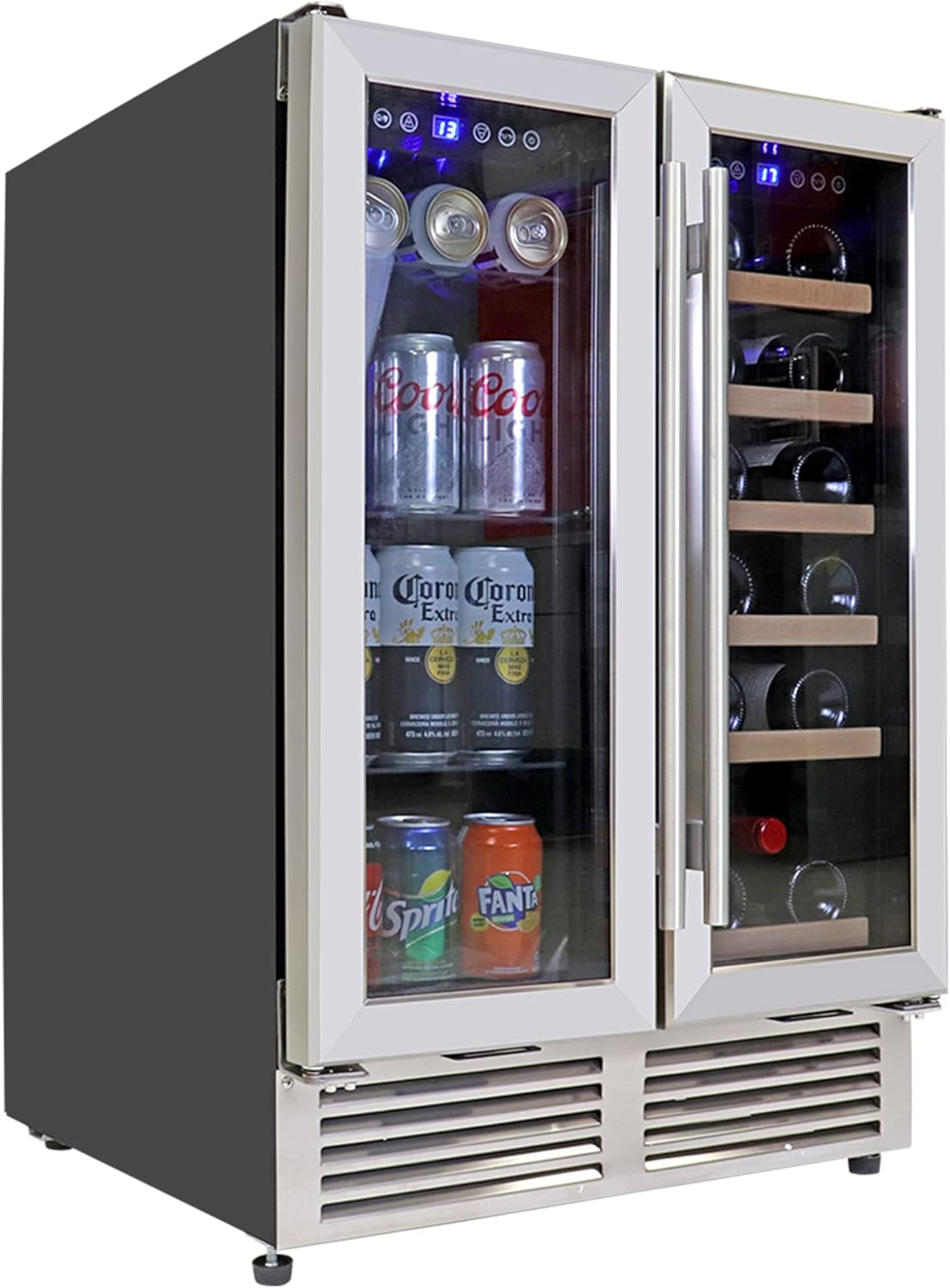 Koolatron 24 In Built-In Under-Counter Dual Zone French Door Wine and Beverage Fridge w/lock, 56 Can and 18 Bottle Capacity, Digital Temperature Control, Stainless Steel Door Frame Wine Cooler