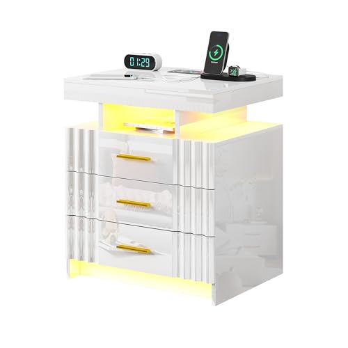 Lvifur Nightstand with Charging Station, Night Stand with Hutch & Storage Drawers, End Table Side Table Bedroom (Black)