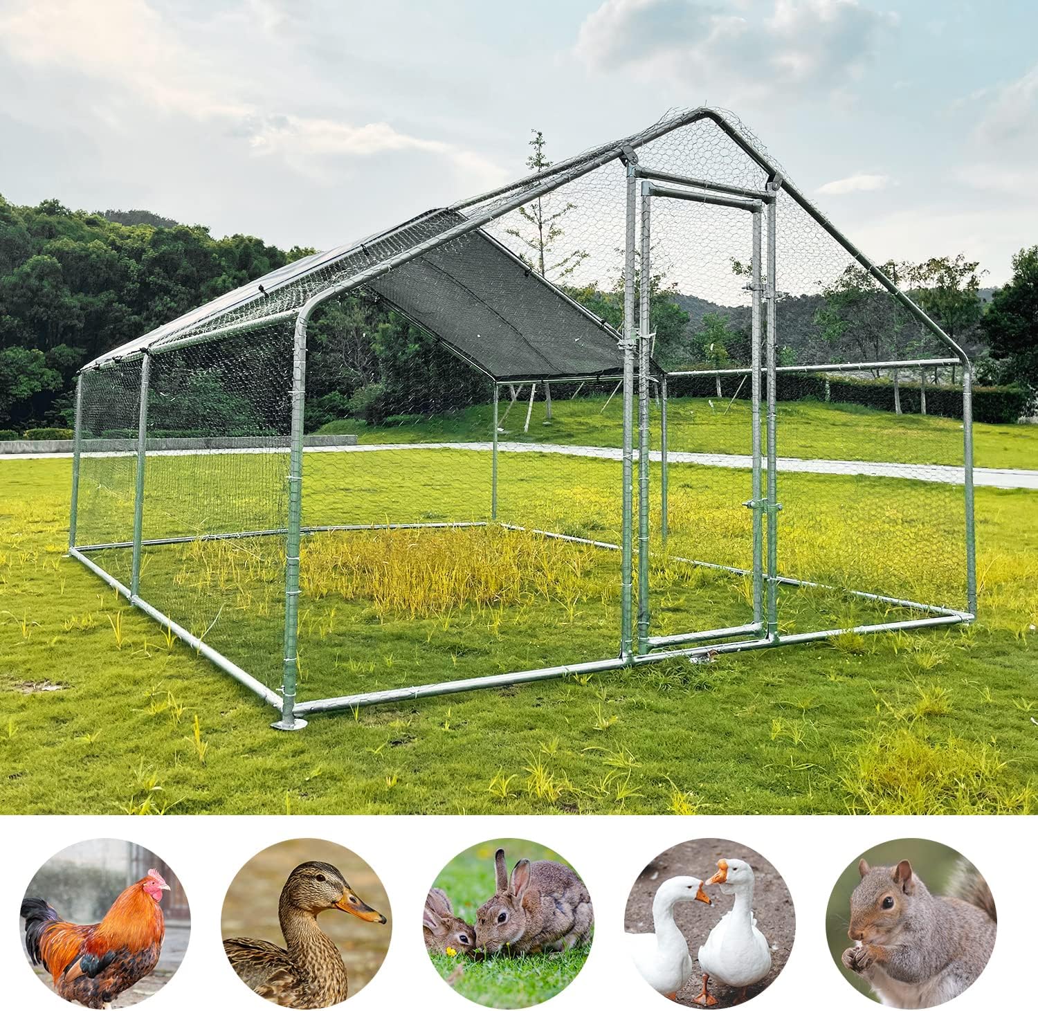 Large Metal Chicken Coop Walk-in Poultry Cage Chicken Run Duck House Chicken Pen with Waterproof and Anti-Ultraviolet Cover for Outdoor Yard Farm(9.8' L x 13.1' W x 6.4' H)