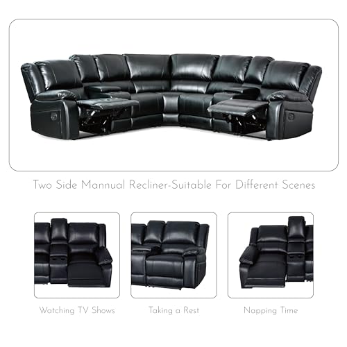 LY&S Home Collection Sectional Reclining Sofa, Sectional Couches for Living Room, Modular PU Leather Manual Recliner Sofa Livingroom Furniture Sets (Black)
