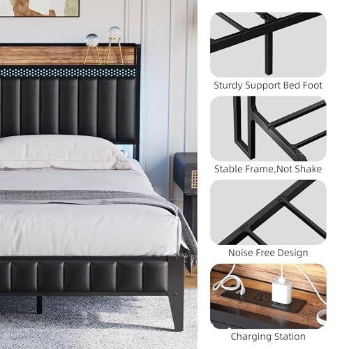 IDEALHOUSE Queen Bed Frame with Charging Station, LED Bed Frame with Storage Headboard, Upholstered Platform Bed Frame, No Box Spring Needed, Easy Assembly, Black