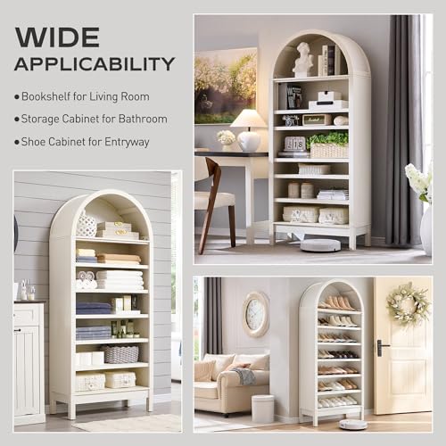 71" Tall Arched Bookshelf, 7 Tiers Arch Bookcase with Storage, Modern Farmhouse Book Shelf with Adjustable Shelves, Wood Bookshelf w/Open Display Shelves for Living Room, Office (Natural)