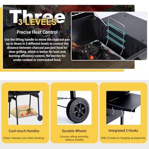 Charcoal Grill Offset Smoker（Grill + BBQ Tools）, Joyfair Large Barrel Grill with 770Sq.In. Cooking Space for 8-10 People Cooking, Heavy Gauge Steel & & Basic Accessories, Adjustable charcoal tray