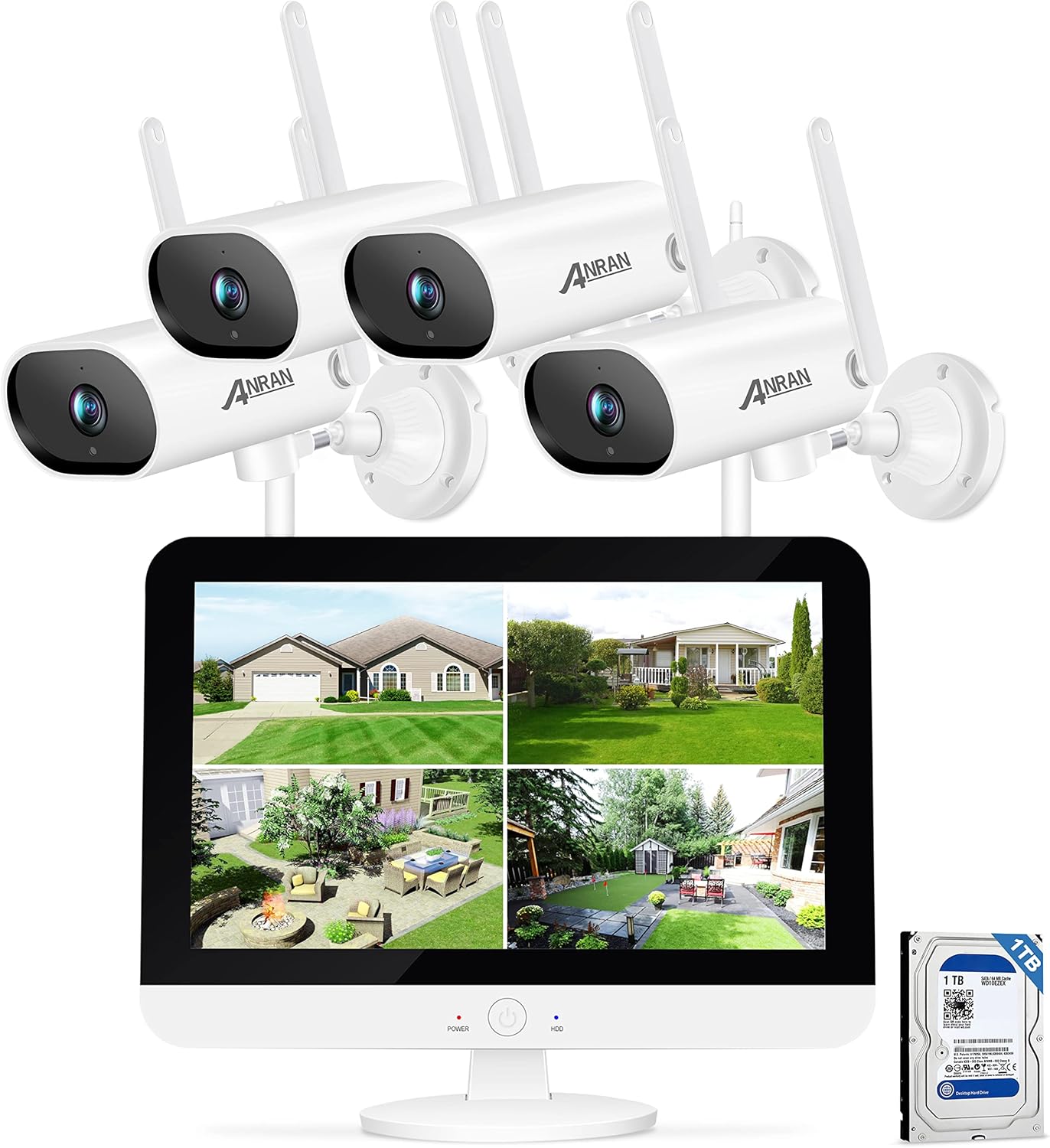 Wireless Security Camera System,ANRAN 8 Channel 2K NVR 4Pcs 3MP Home WiFi Security Camera Outdoor with 13" LCD Monitor,1TB Hard Driver,Pan 180&deg;,Night Vision,Waterproof, Motion Alert,Remote Access&hellip;