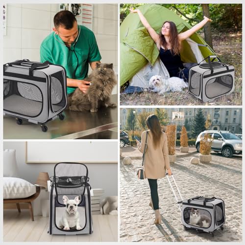 Extra Large Double Pet Carrier with Wheels for Small Dogs and All-Breed Cats, Cat Rolling Carrier for 2 Cats, Support up to 40 Lbs, Grey
