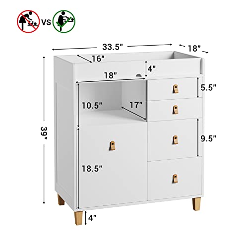 Baby Changing Table Dresser, 33.5" Baby Nursery Dresser with Drawers & Shelf, Wooden Storage Dresser Chest w/Changing Station for Infant Kids Bedroom, White