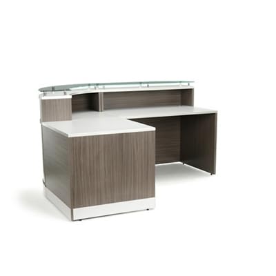 nbf signature series Esquire Modern Reception Desk - 79" W x 63" D Driftwood Laminate/Silver Laminate Desktop Kickplate and Accents/Checkout Counter Glass Top