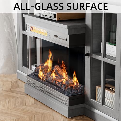 YESHOMY Glass Fireplace TV Stand for Televisions up to 65", Media Entertainment Center Console Table with Doors Closed Storage, Gray