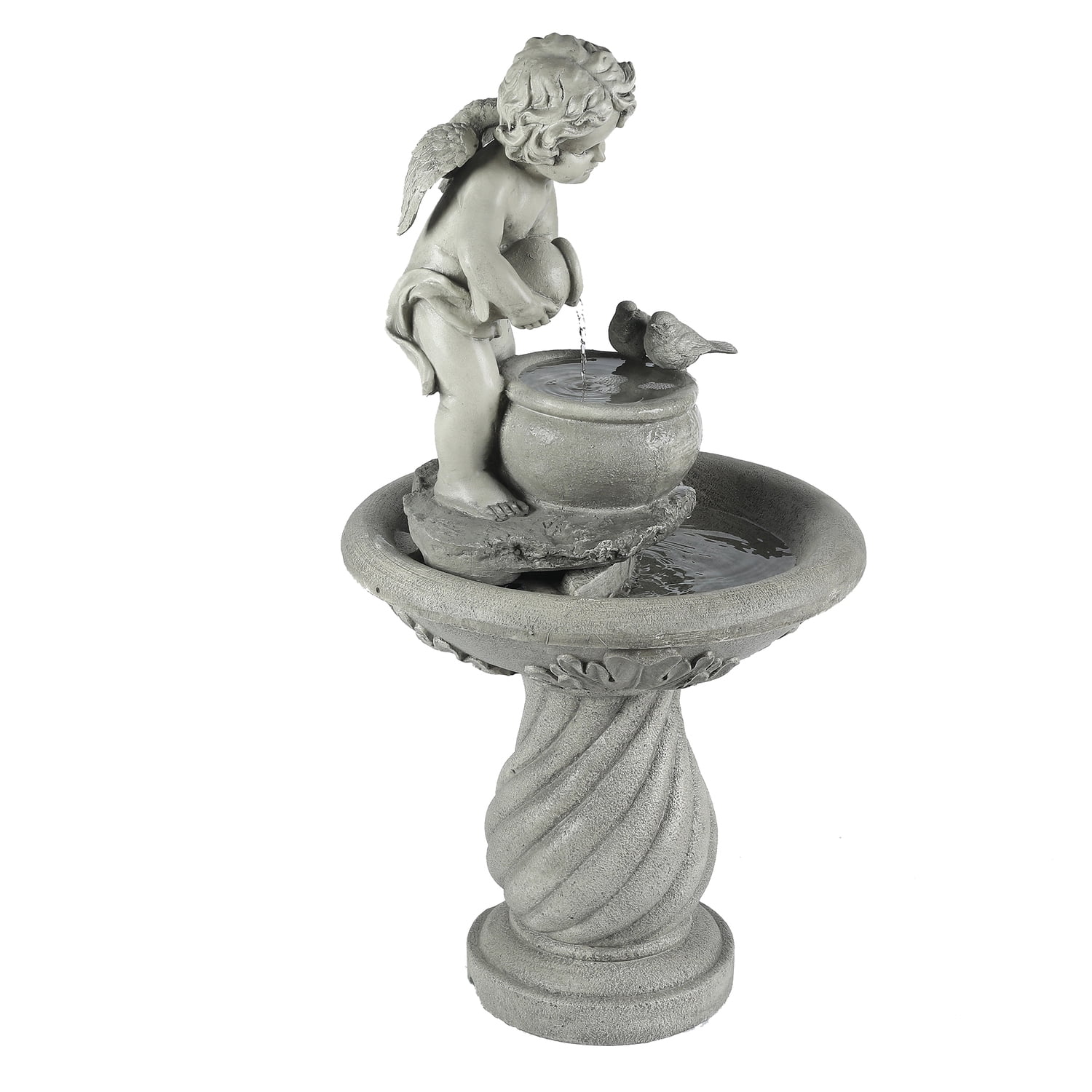 LuxenHome Gray Resin Cherub Birdbath Outdoor Patio Fountain
