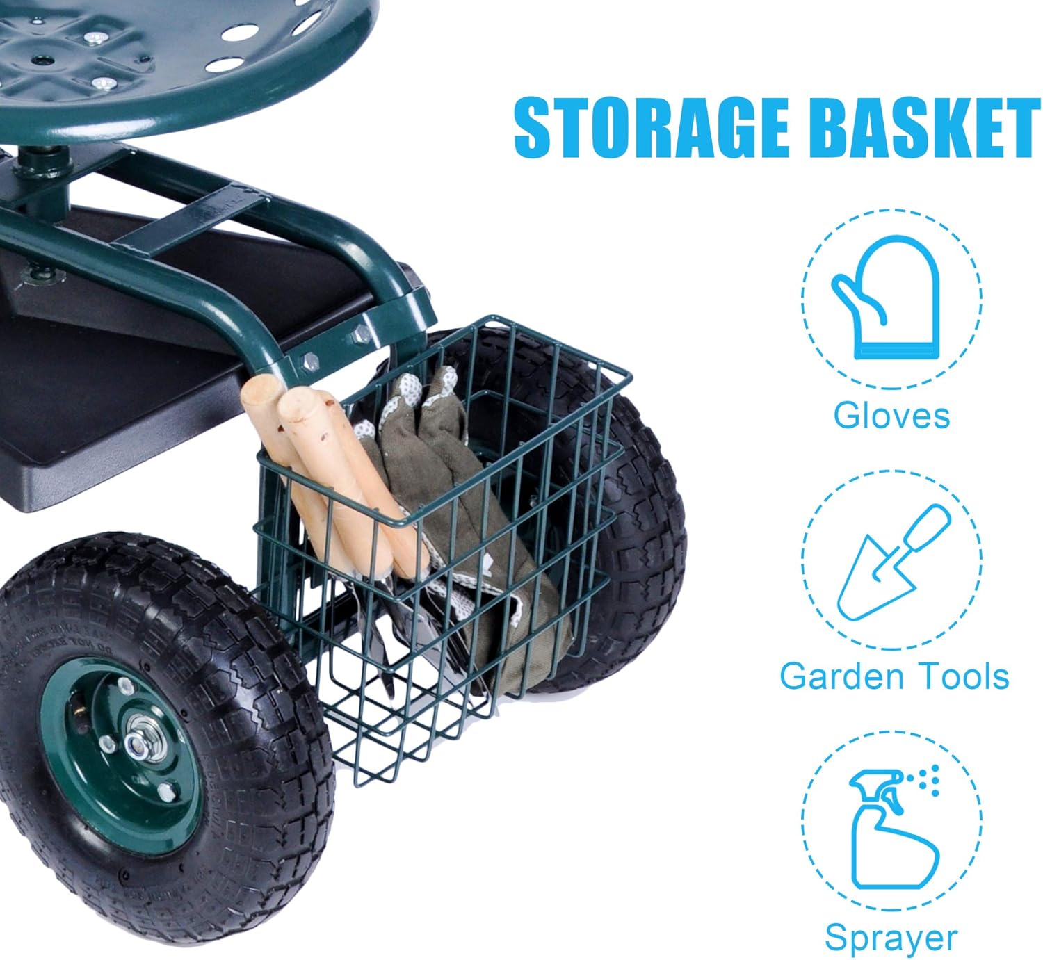 Dporticus Rolling Garden Steerable Tool Cart Scooter with Extendable Steer Handle,360 Swivel Seat and Tool Storage Basket, Green