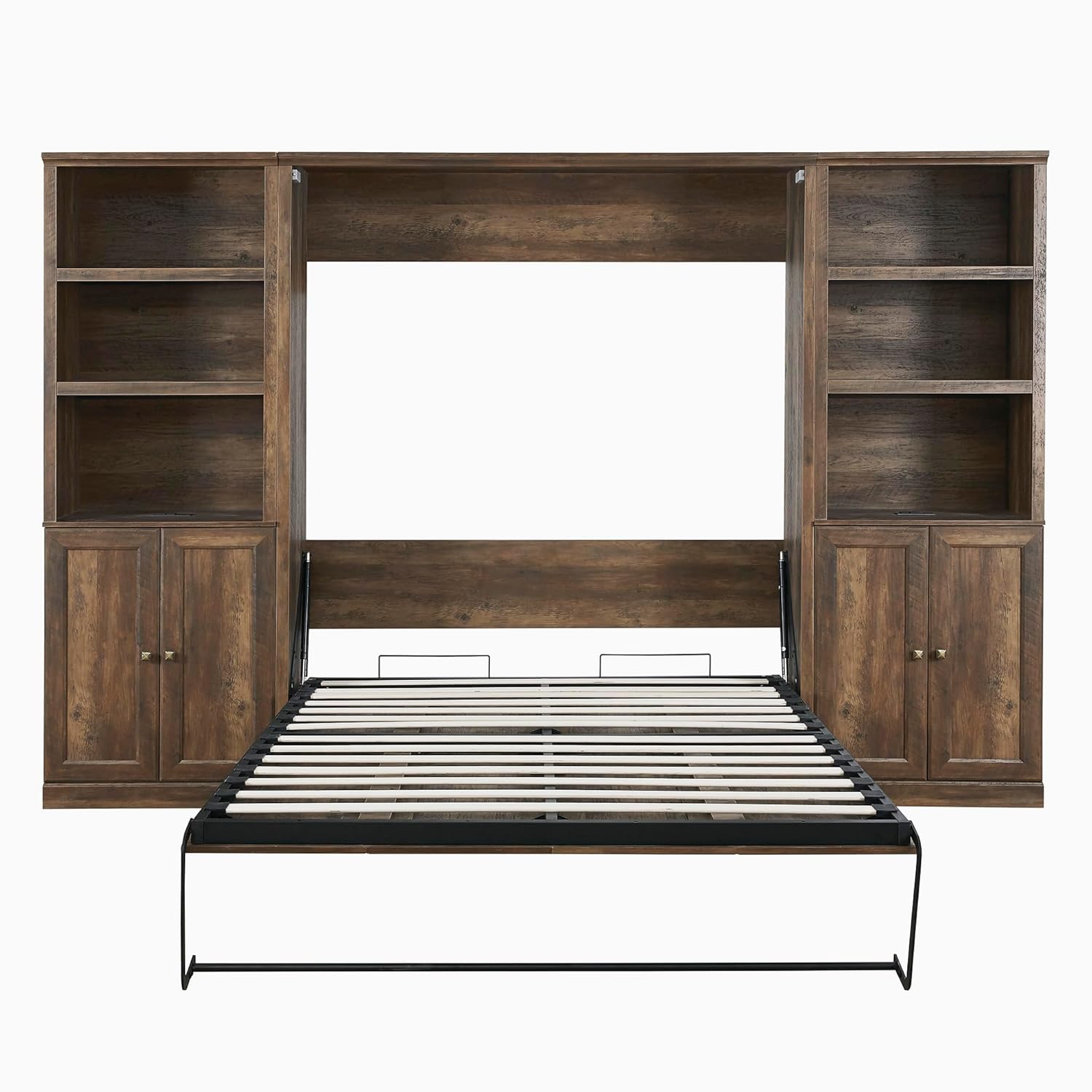 Full Size Murphy Bed with 2 Side Cabinet Storage Shelf, Wood Foldable Bedframe Wallbed for Bedroom Living Room, Space-Saving Design, Brown