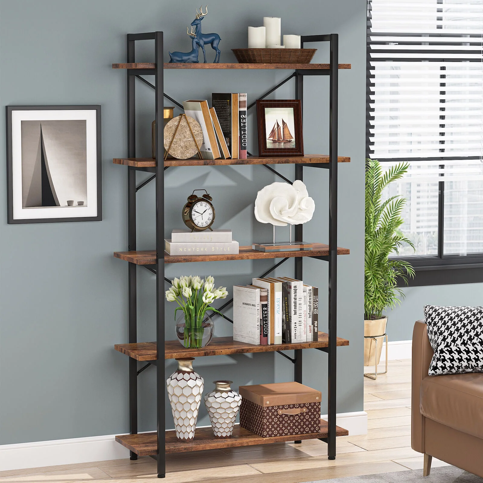 Tribesigns 5 Tier Shelf Unit for Living Room Office 62.99"H Rustic Brown Bookcase