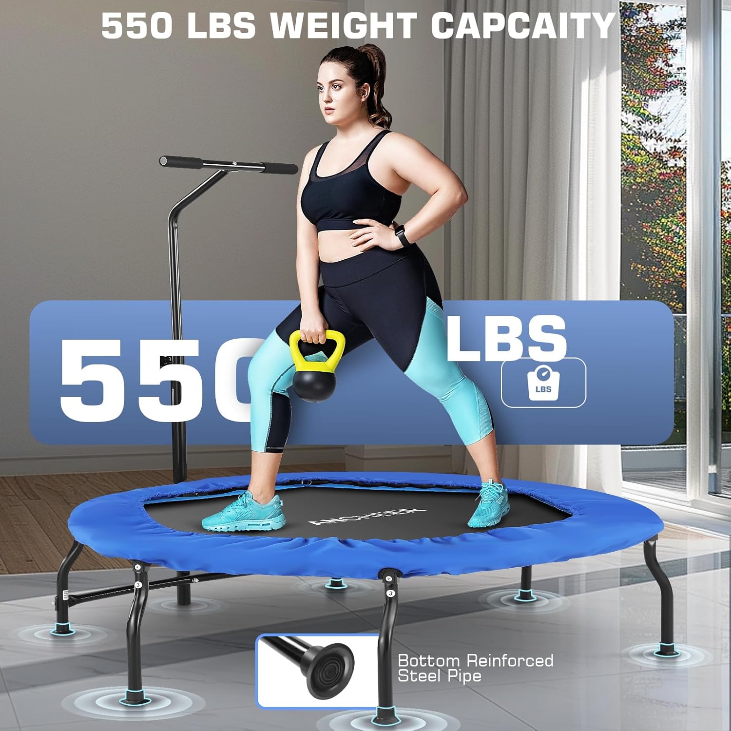 ANCHEER 40/50" Foldable Mini Trampoline Max Load 450/550lbs, Fitness Trampoline with Bungees, Adjustable Foam Handle, Indoor Exercise Trampoline for Adults Inoor/Garden Workout
