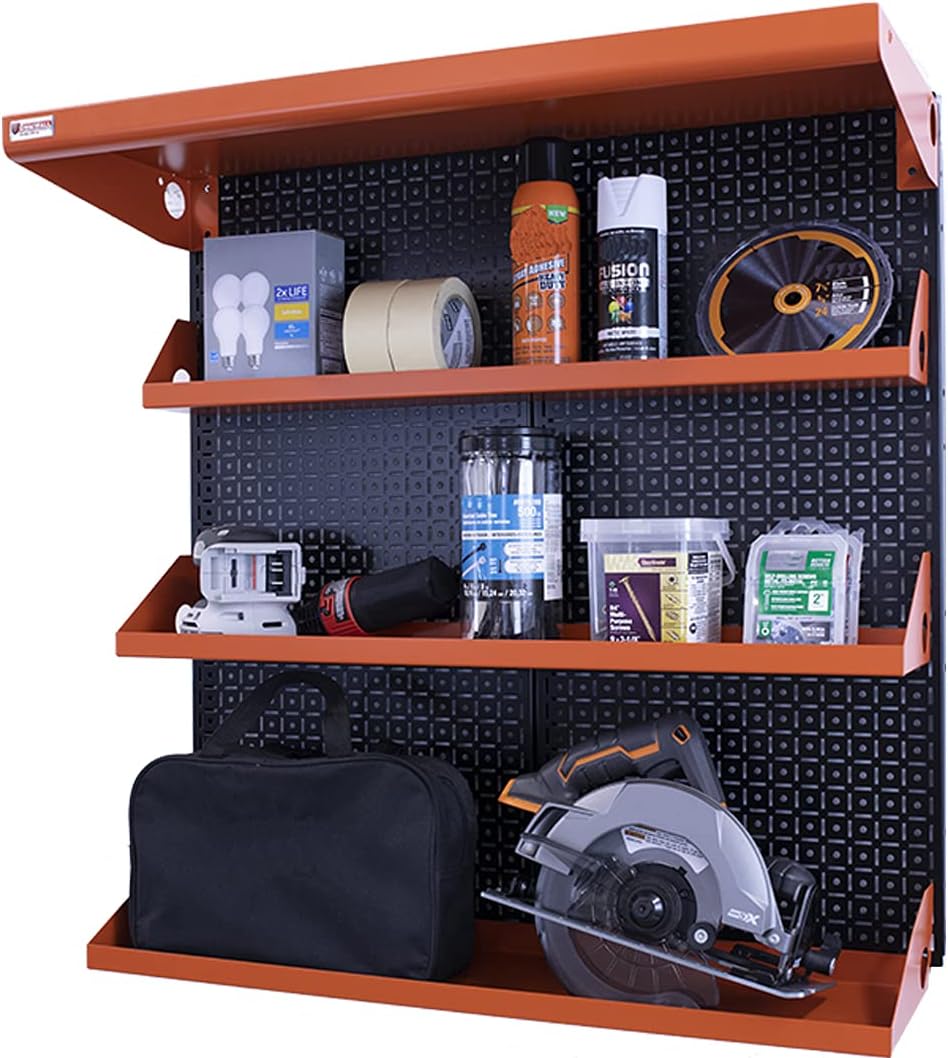 Metal Pegboard Shelving Organization System OmniWall Shelving Kit 32" x 32" Modular Pegboard- Panel Color: Black Accessory Color: Silver