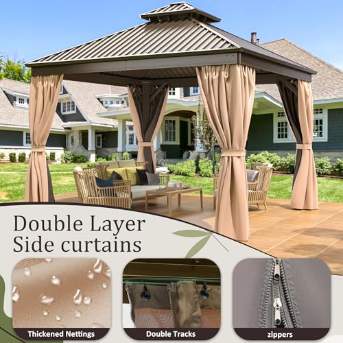 10x12 FT Hardtop Gazebo with Nettings and Curtains, Heavy Duty Gazebo with Galvanized Steel Double Roof, Permanent Outdoor Metal Pavilion for Patio, Deck, Lawn and Garden