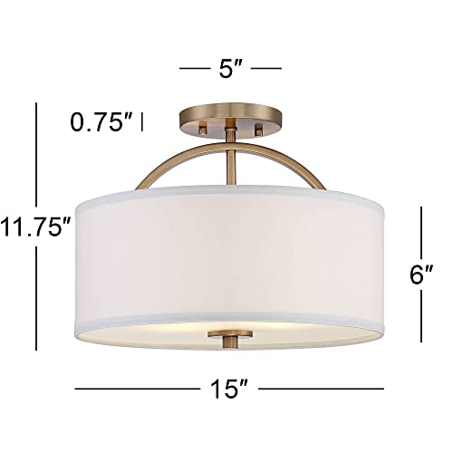 Possini Euro Design Halsted Modern Industrial Close to Ceiling Light Semi Flush Mount Fixture 15" Wide Warm Brass Gold White Linen Drum Shade for Bedroom Kitchen Living Room Hallway Bathroom