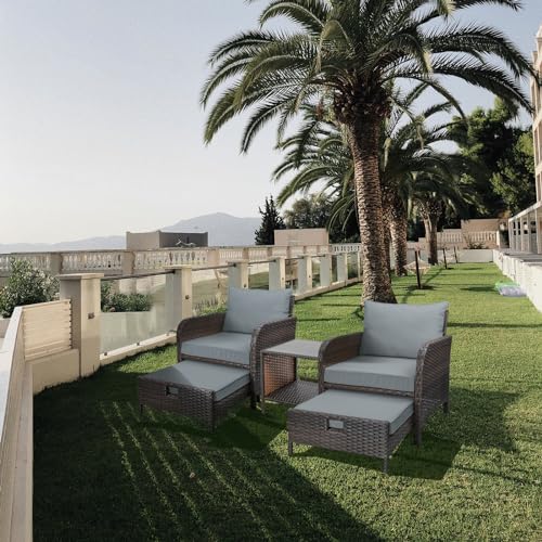LEVELEVE Balcony Furniture 5 Piece Patio Conversation Set, PE Wicker Rattan Outdoor Lounge Chairs with Soft Cushions 2 Ottoman&Glass Table for Porch, Lawn-Brown Wicker