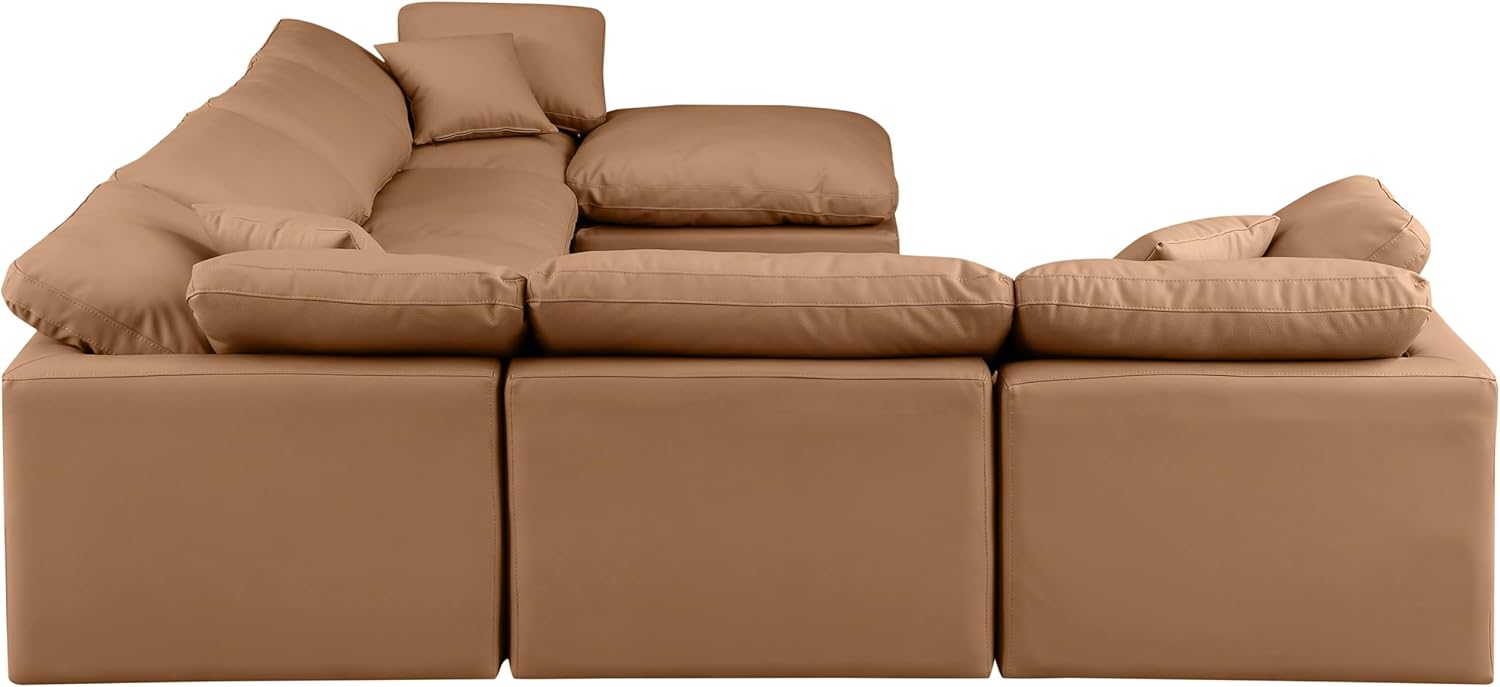 Meridian Furniture Indulge Collection Modern | Contemporary Sectional with Soft Durable Vegan Leather, Fiber-Filled Cushions, Modular, 140" W x 105" D x 32" H, Cognac