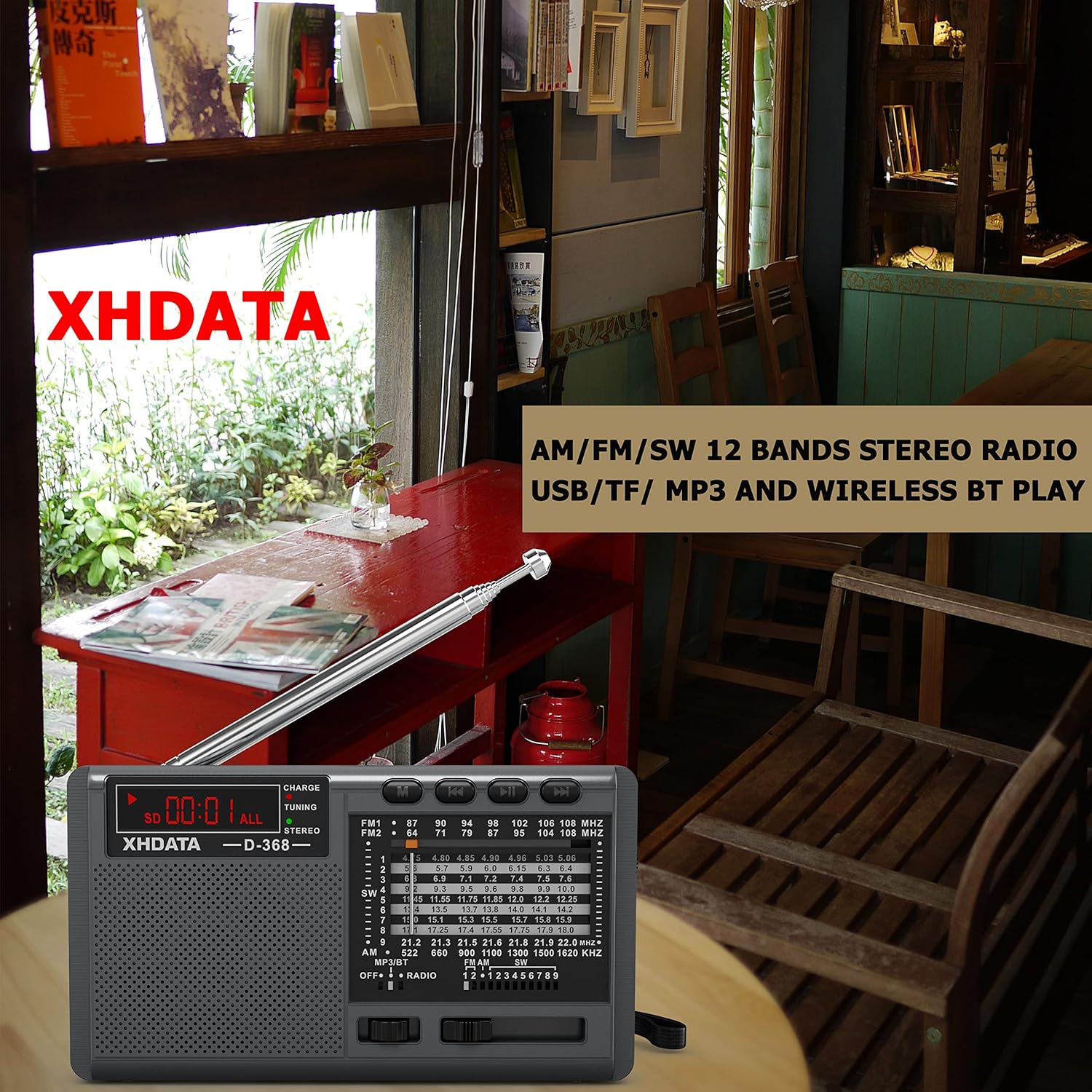 XHDATA D368 Portable Shortwave Radio FM AM SW 12 Band DSP Stereo Radio MP3 Player Wireless Bluetooth Speaker with High Sensitivity Reception Support Micro SD Card and USB Good for Parents