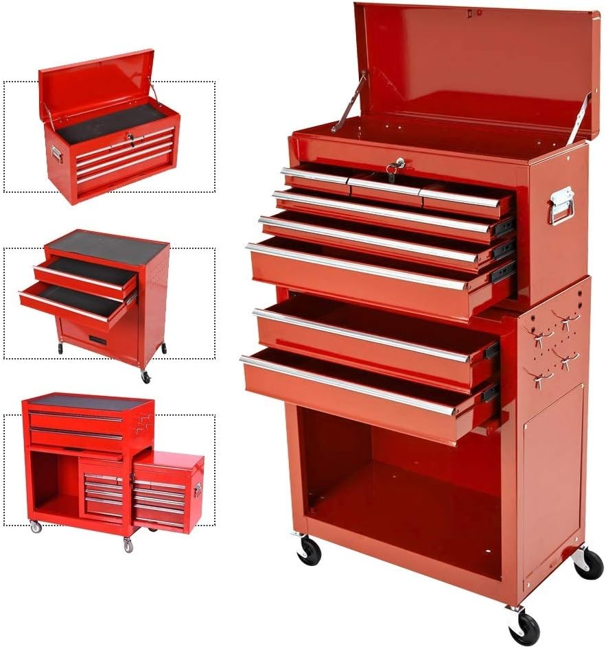 8-Drawer Rolling Tool Chest,Big Tool Chest and Tool Storage Cabinet,Tool Chest with 4 Wheels,Removable Portable Top Box with Lock Tool Chest for Garage and Warehouse-Cool Black