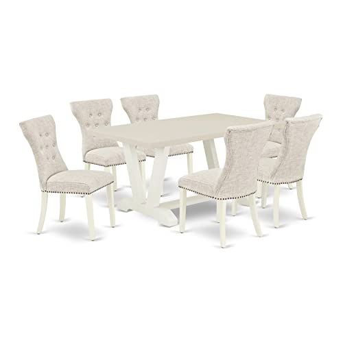 East West Furniture V-Style 7 Piece Set Consist of a Rectangle Dining Room Table with V-Legs and 6 Doeskin Linen Fabric Upholstered Chairs, 36x60 Inch, V096GA235-7