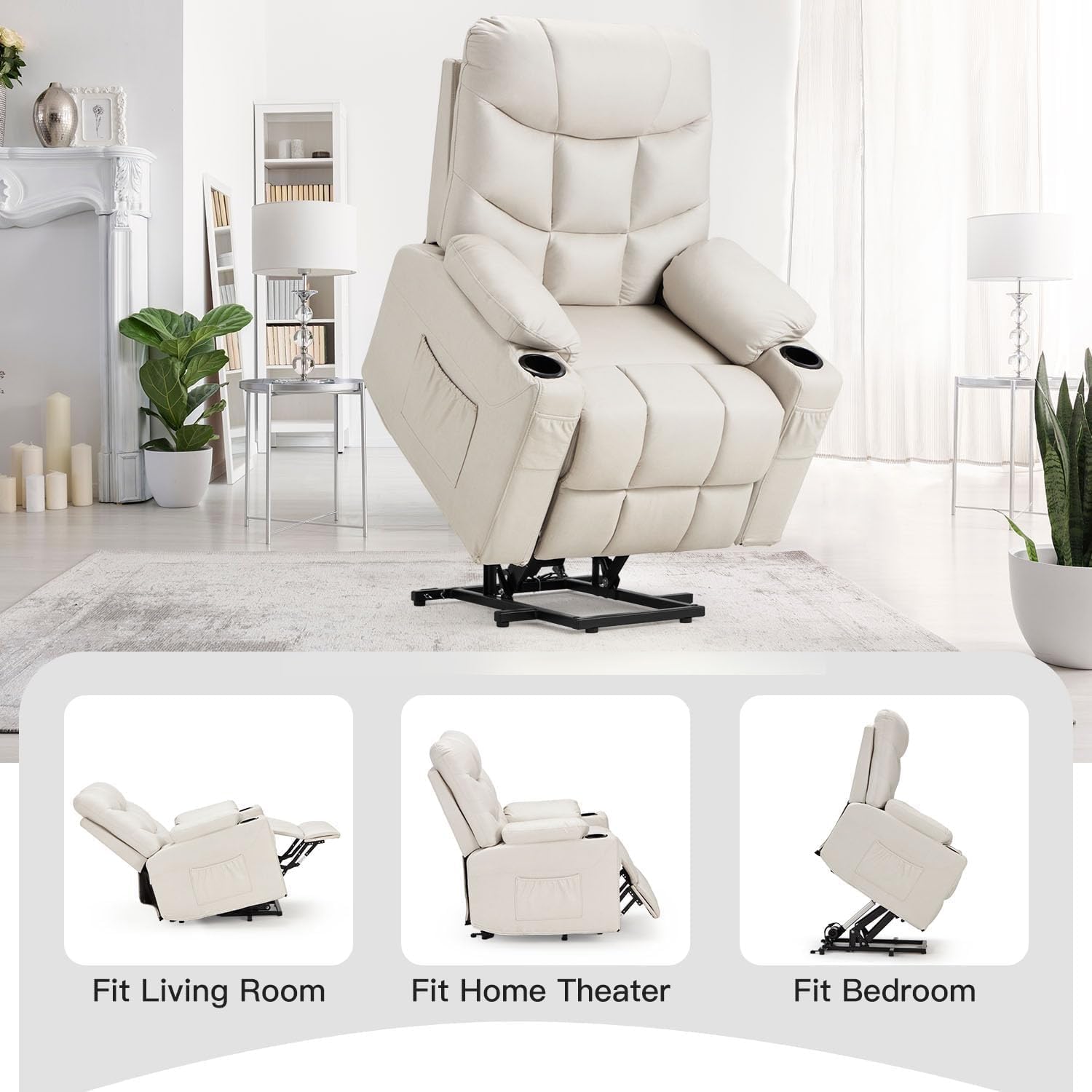 Dual Motor Power Lift Recliner Chair with Massage and Heat for Elderly People, Infinite Position, Cup Holders Side Pockets Home Theater Seat