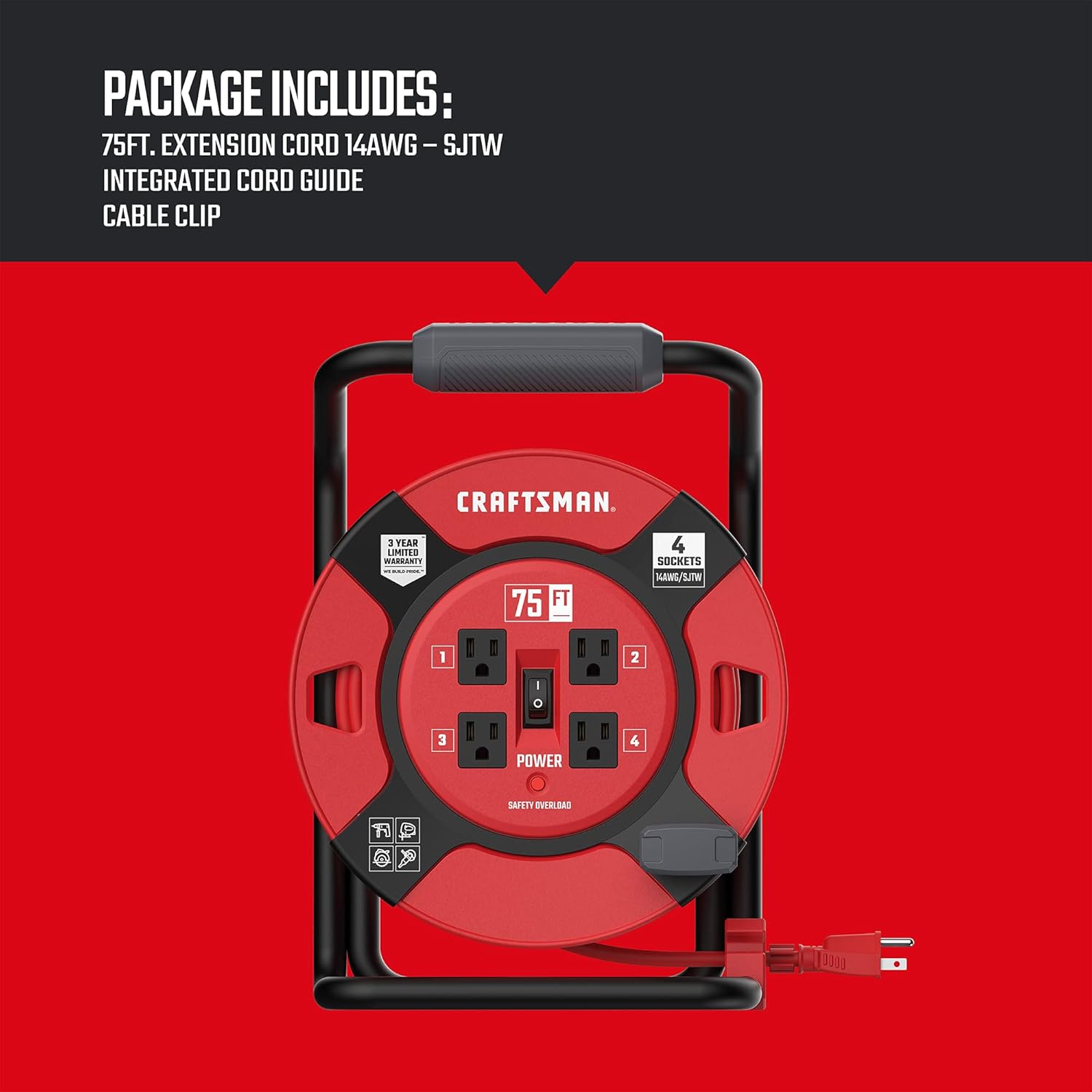 CRAFTSMAN Heavy Duty Retractable Extension Cord, 100 feet with 4 Outlets - 14AWG SJTW Cable - Outdoor Power Cord Reel
