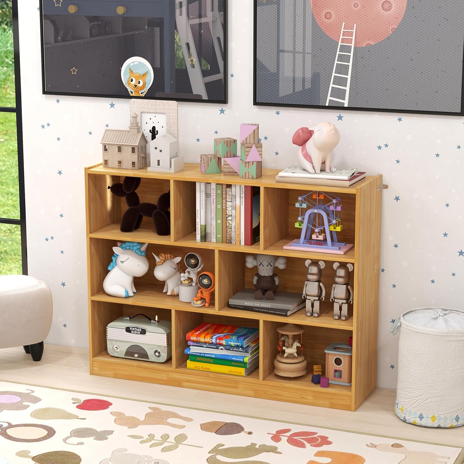 8 Cube Bookcase, 3-Tier Horizontal Bookshelf, Wooden Cube Storage Organizer for Home Office, Children's Rooms, Classroom, Under Winder Bookshelf (Yellow, 48” x 12.5” x 36.5”)