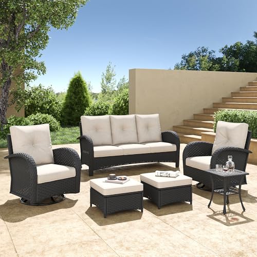 5 Pieces Wicker Patio Furniture Set, Luxury Outdoor Conversation Set with High Back Swivel Rocker Chairs