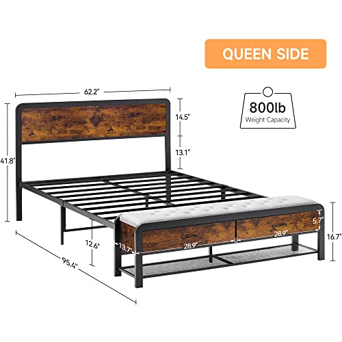 IDEALHOUSE Bedroom Set, 3-Pieces Bedroom Sets, Queen Size Bed Frame with Headboard and Storage Drawers Bench, Nightstand with Charging Station and Storage Drawer