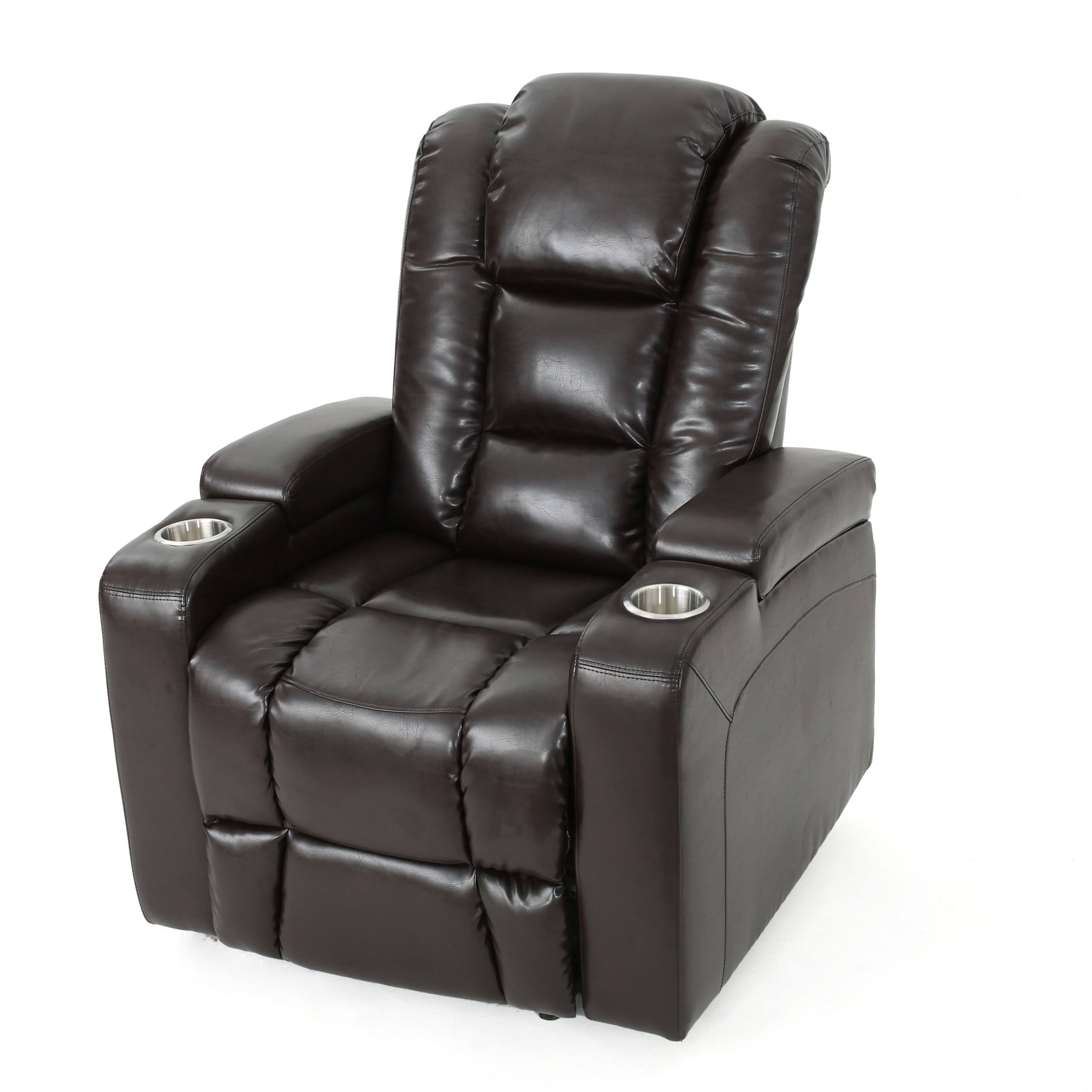 Everette Tufted Brown Leather Power Recliner with Arm Storage and USB