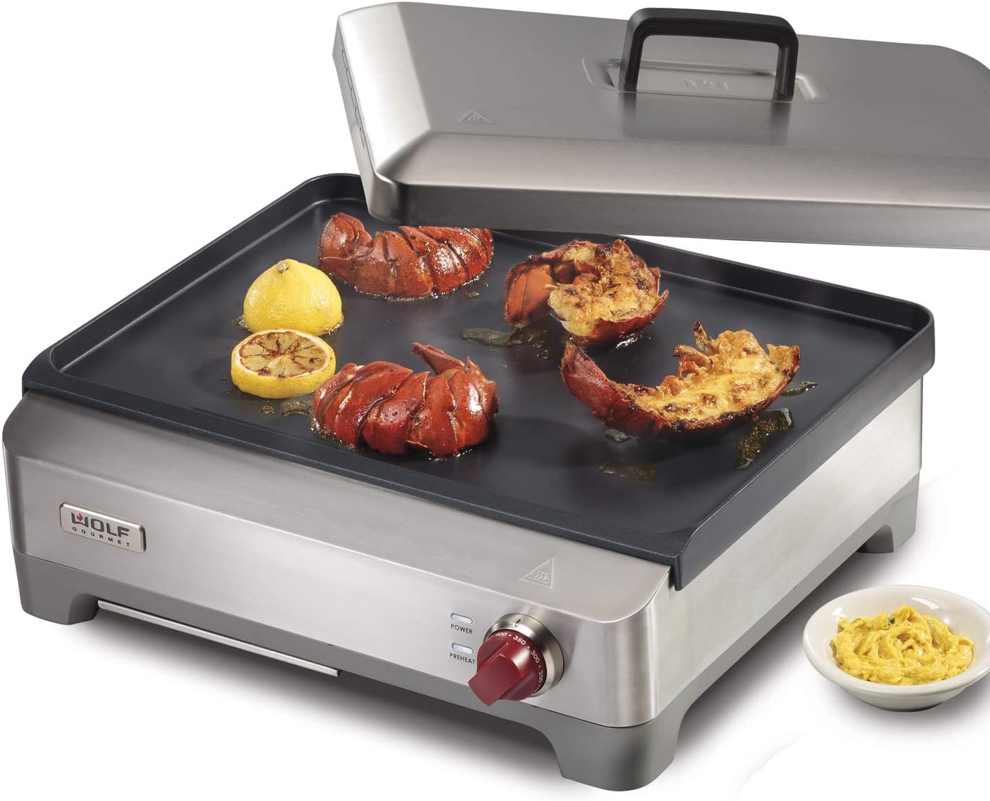 Wolf Gourmet Precision Electric Griddle, Indoor Grill, 200 sq. in, Nonstick Coating, Advanced Temperature Control, Stainless Steel, Red Knob (WGGR100S)