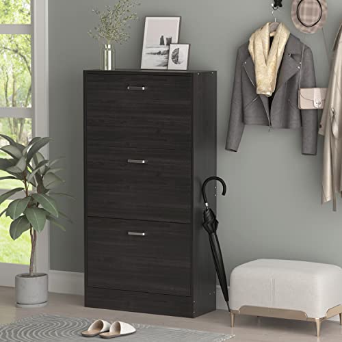 Homsee Modern Shoe Storage Cabinet with 3 Flip Drawers, Wood 3-Tier Shoe Rack Storage Organizer for Entryway, Hallway & Bedroom, Black-Brown (23.6”L x 9.4”W x 45.5”H)