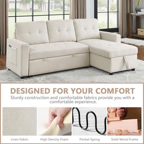 Reversible Sleeper Sectional Sofa, Chenille Fabric Convertible Pull Out Sleeper Sofa Bed with USB Ports, L-shaped Sectional Couch with Storage Chaise for Apartment Living Room, Light Gray