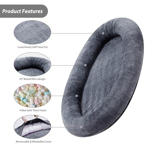 Homguava Large Human Dog Bed 72"x48"x10" Human-Sized Big Dog Bed for Adults&Pets Giant Beanbag Bed with Washable Fur Cover,Blanket and Strap (Large, Black)