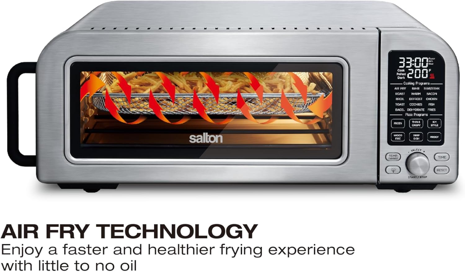 Salton Pizzadesso Professional Pizza Oven, Ultra High Heat Temperature Woodfired Electric Air Fry Toaster Oven with Six Pizzeria Settings for NY Style, Chicago Deep Dish, Proofing (TO2122SS)