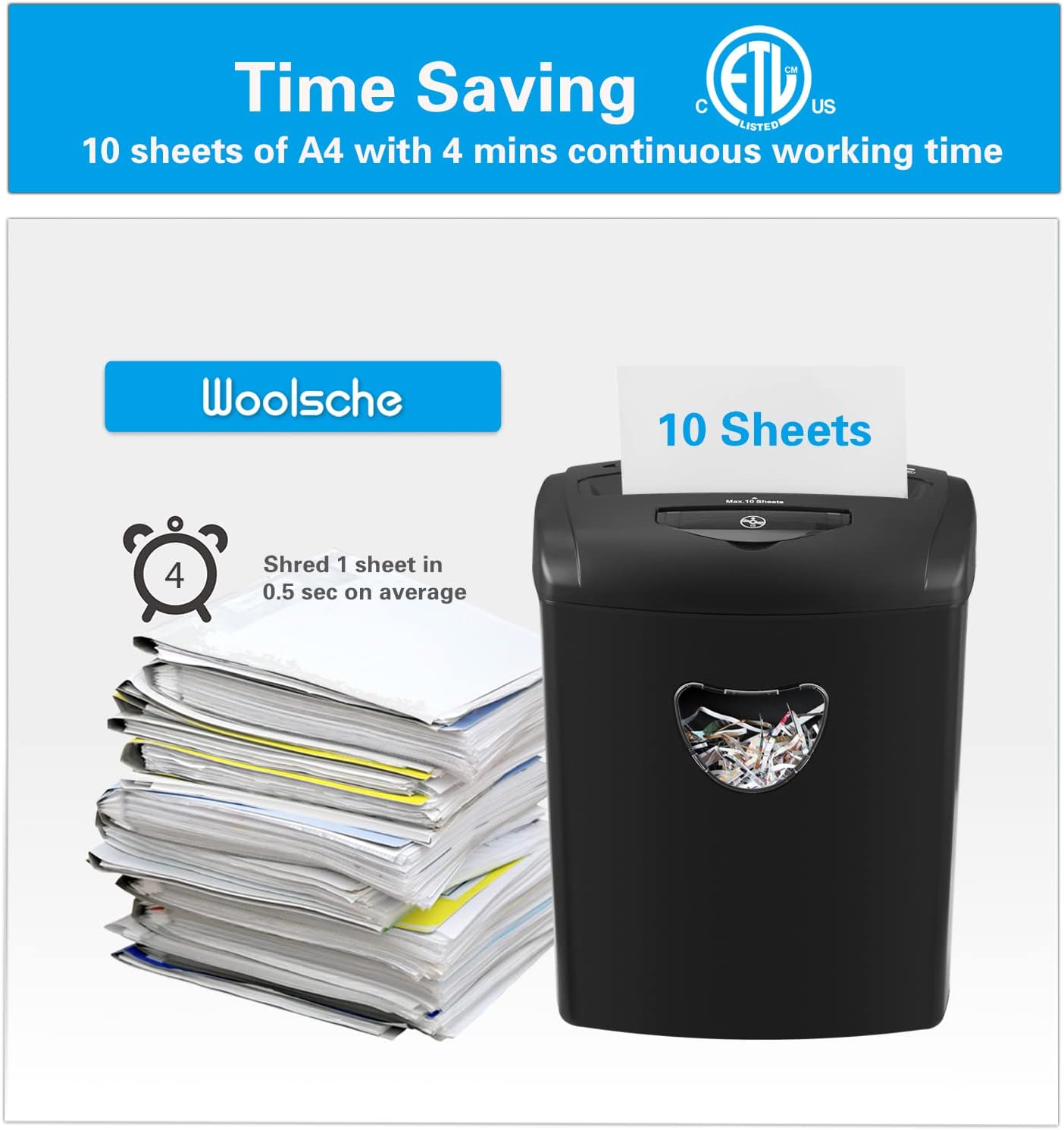 Woolsche CD218P Paper Shredders,10-Sheet Cross Cut P-4 Security Level Shredders for Home Office Use with 5.55-Gallon Large Capacity Bin & Transparent Window(ETLCertification) Pack of 2